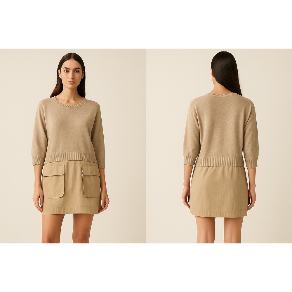 Peace of‎ Cloth L Beige Mixed Media Sweater Tunic Dress Cargo Pockets Cashmere